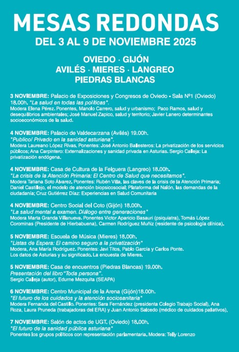 Del 3 al 9 de noviembre: Mesas Redondas encaminadas a la defensa de la sanidad pública en Asturias