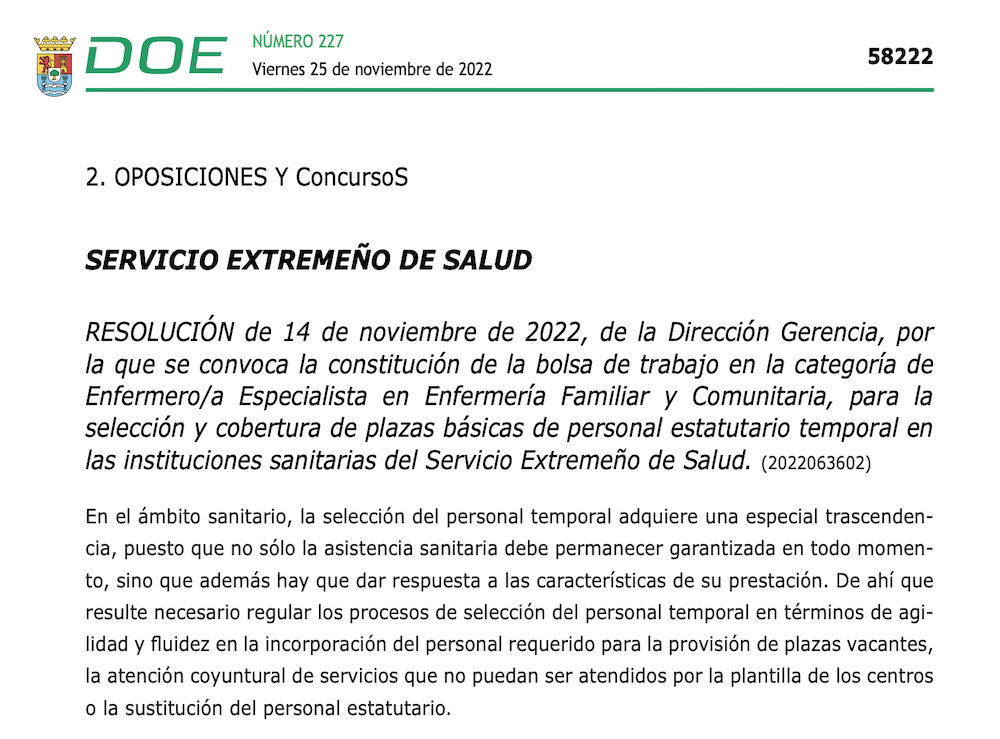 Injusto Microprocesador pánico Convocatoria del Servicio Extremeño de Salud para bolsa de trabajo de  Enfermera/o Especialista en Enfermería Familiar y Comunitaria